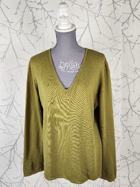 Anne Klein Chartreuse Cotton Cashmere Blend Knit Button Cuff Sweater